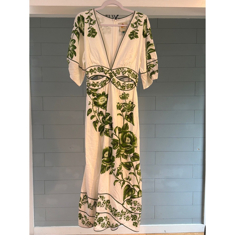 Farm Rio Women Green Floral Cut Out V Neck Maxi Dress White Size M